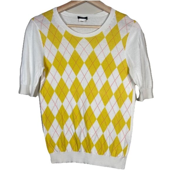 J.Crew Women’s Preppy Short Sleeve Sweater Yellow Argyle Diamond Size Small - Picture 1 of 9